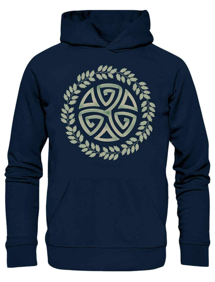 French Navy Triskele des Waldes Hoodie mit keltischem Symbol auf weißem Hintergrund.