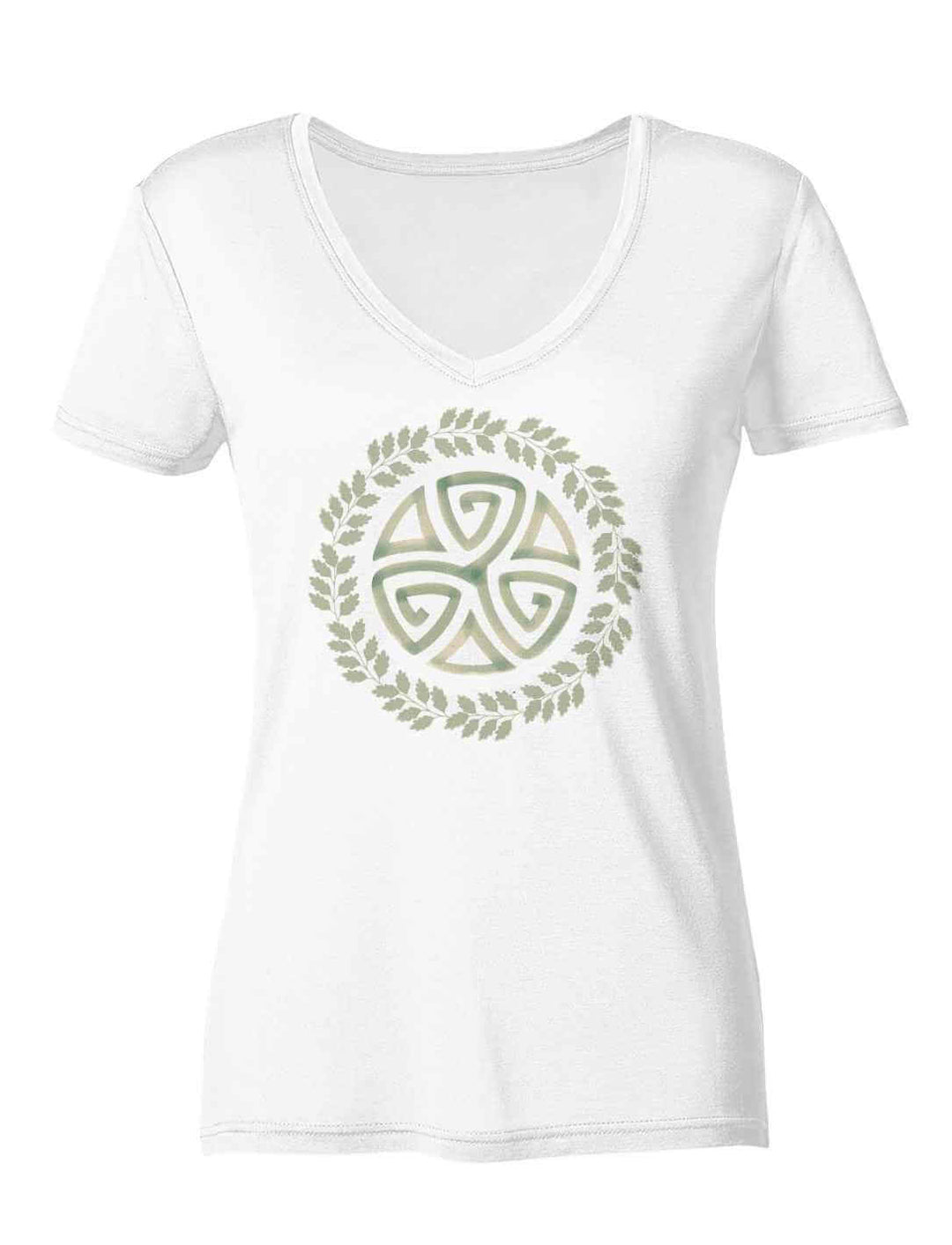 Triskele des Waldes Damen V-Neck Shirt in Weiss – Keltische Symbolik trifft auf moderne Eleganz.