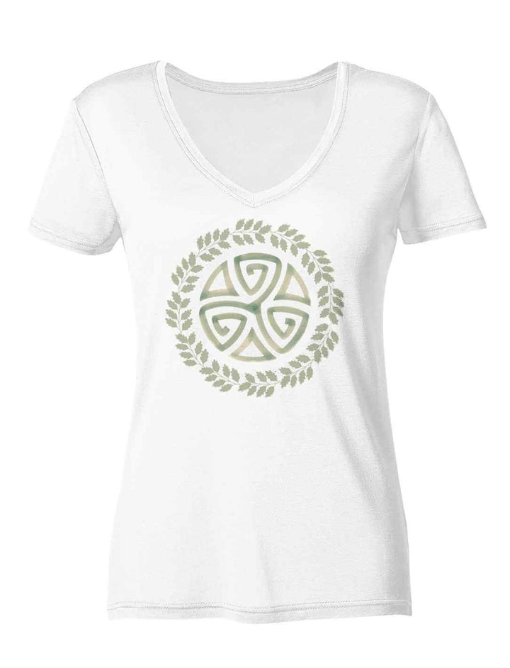Triskele des Waldes Damen V-Neck Shirt in Weiss – Keltische Symbolik trifft auf moderne Eleganz.