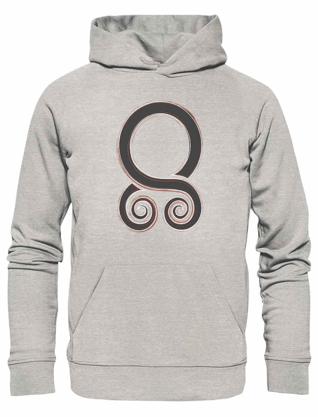 Unisex Organic Hoodie Trollbann des Nordens in Heather Grey mit dem Schutzsymbol Trollkreuz, inspiriert von den nordischen Mythen, auf weißem Hintergrund.