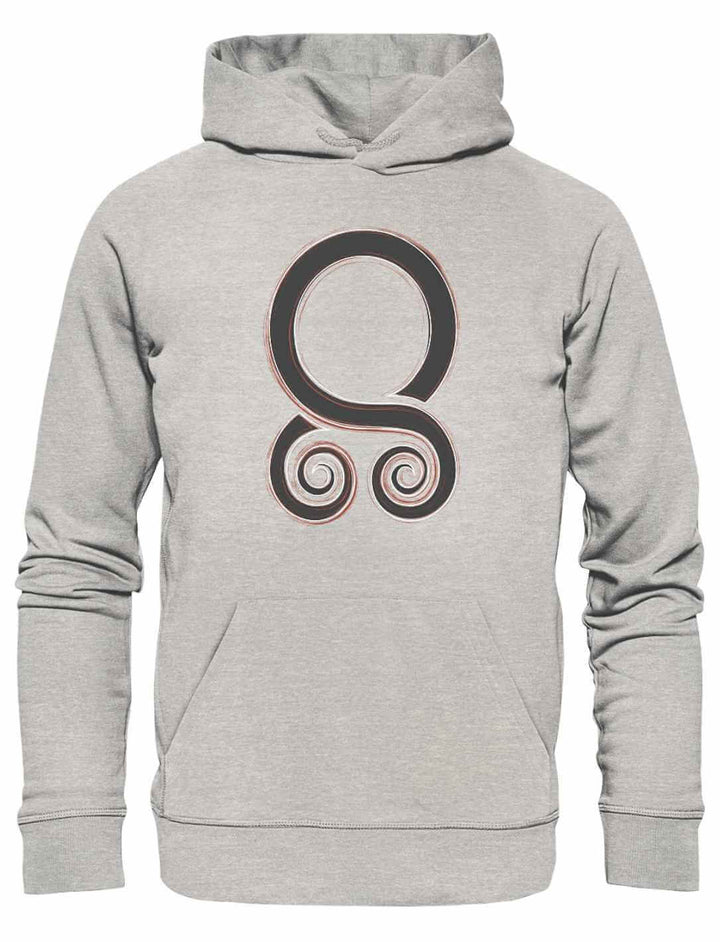 Unisex Organic Hoodie Trollbann des Nordens in Heather Grey mit dem Schutzsymbol Trollkreuz, inspiriert von den nordischen Mythen, auf weißem Hintergrund.