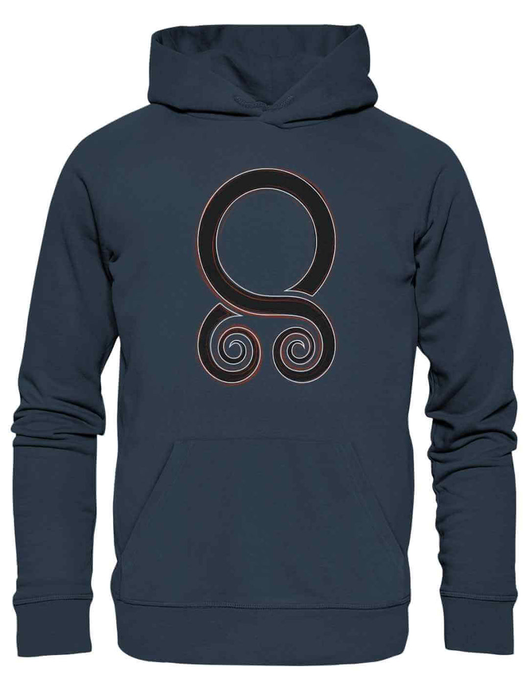 Unisex Organic Hoodie Trollbann des Nordens in India Ink Grey mit kraftvollem Trollkreuz-Design, ein nordisches Amulett für Schutz und Stärke, auf weißem Hintergrund.