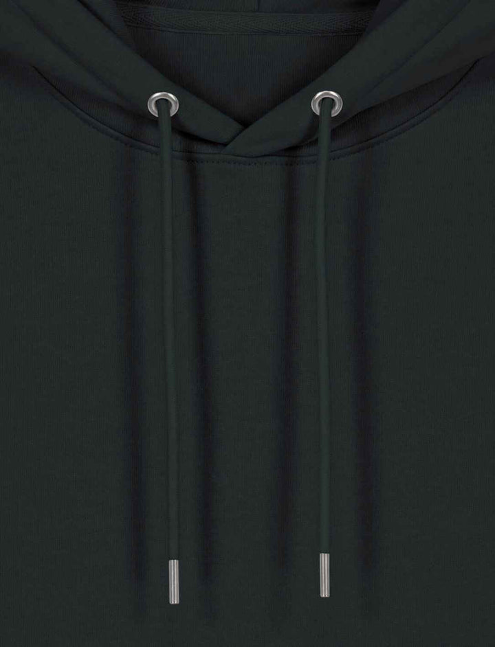 Detailansicht der Kapuze mit Tunnelzug – zeigt die hochwertigen Ösen und Kordelenden aus Metall.