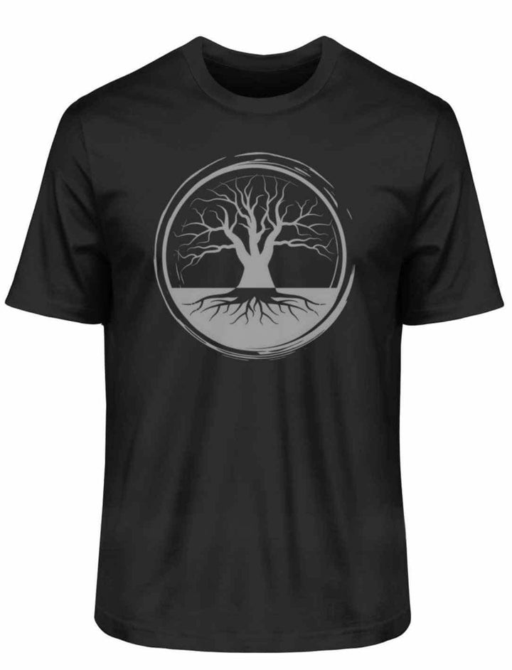 Schwarzes Unisex-Shirt auf weiĂem Hintergrund â klassisches Design mit vielseitiger Kombinationsmöglichkeit.