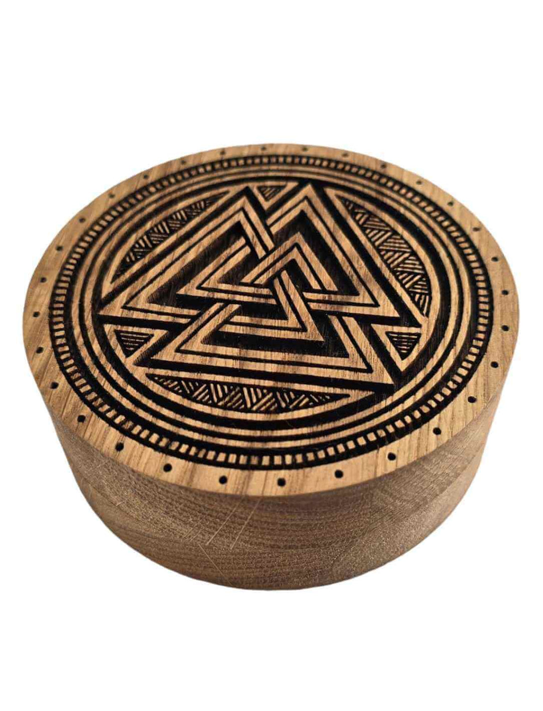 Seitenansicht der geschlossenen Valknut-Schmuckschatulle aus geöltem Eichenholz