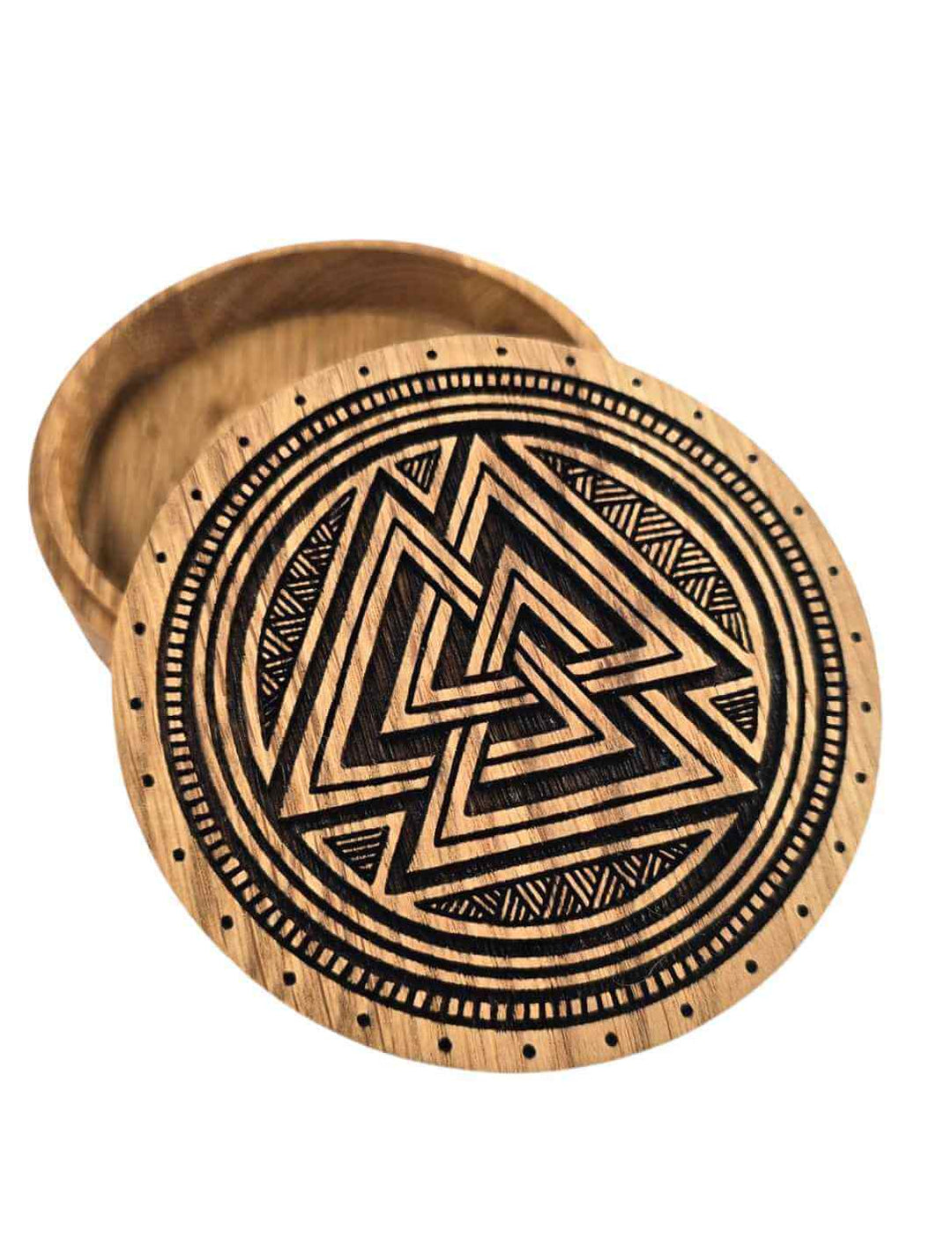 Runde Eichenschatulle mit graviertem Valknut-Symbol auf dem Deckel, geöffnet dargestellt