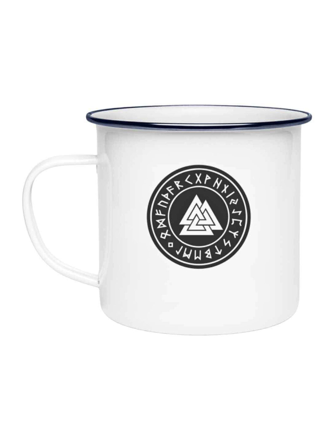 Valknut Emaille-Tasse in weiss mit schwarzem Rand - Ein Tribut an die nordische Ehre - Runental.de