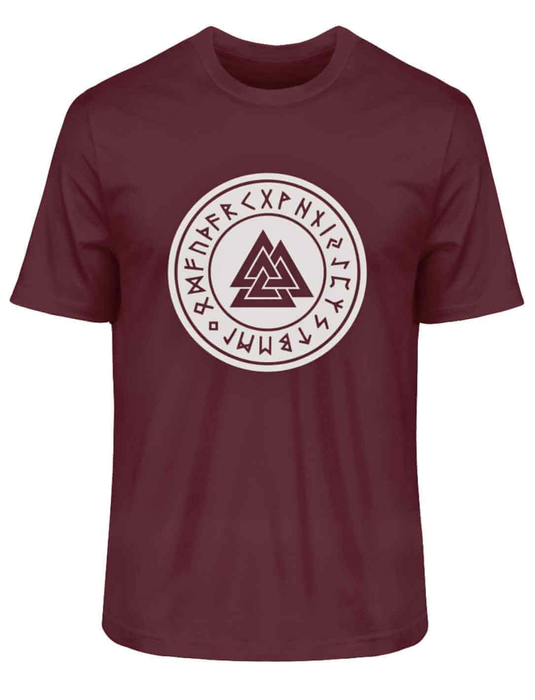 Auffälliges Valknut T-Shirt in intensivem Burgund, setzt einen markanten modischen Akzent, auf weißem Hintergrund.