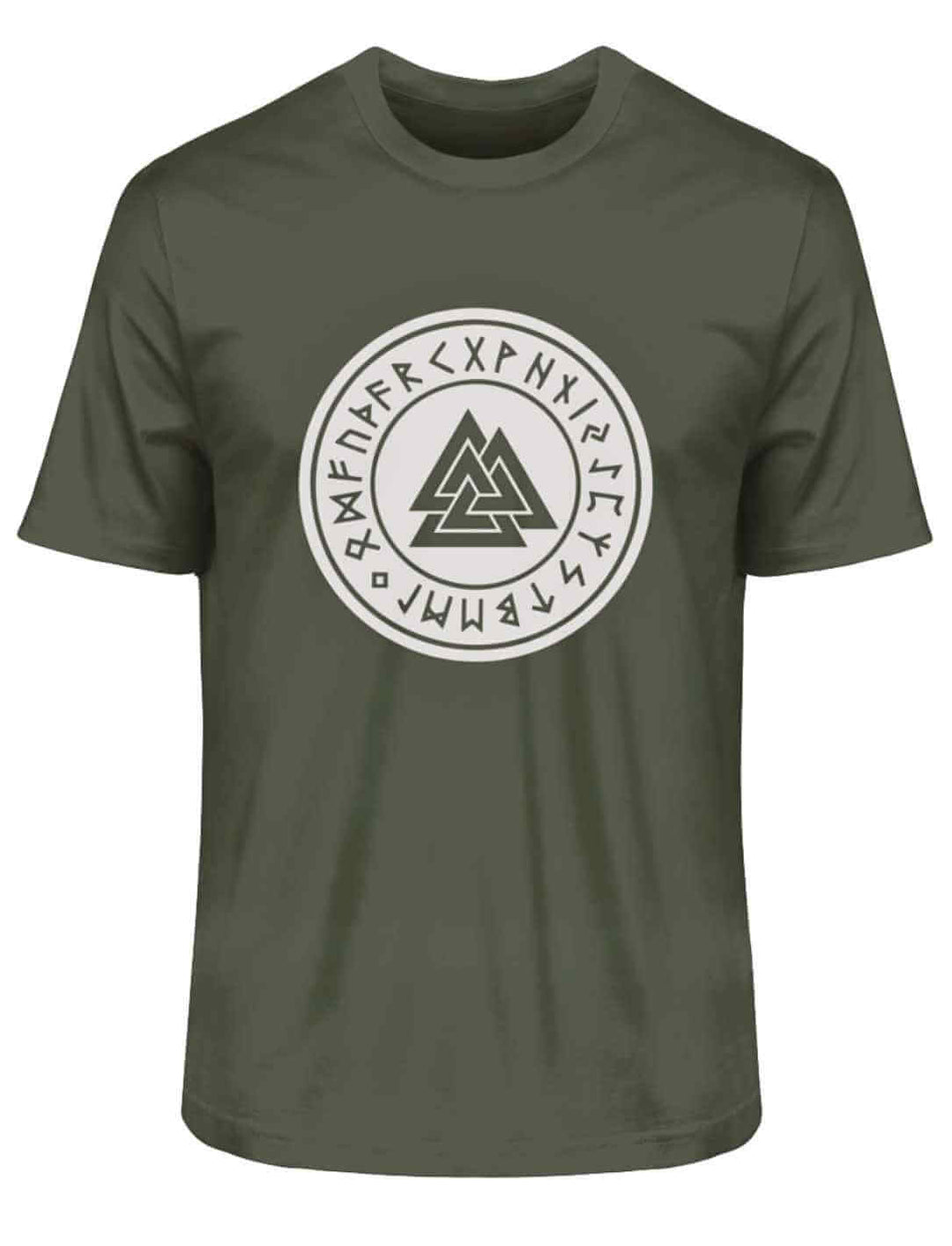 Lässiges Valknut T-Shirt in natürlichem Khaki, ideal für einen entspannten und trendigen Stil, auf weißem Hintergrund.