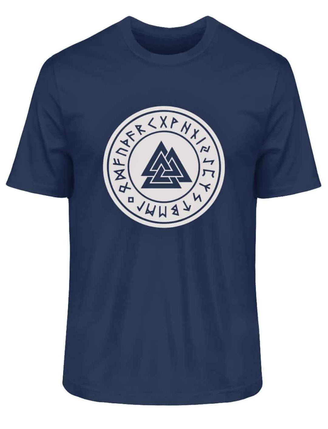 Elegantes Valknut T-Shirt in tiefem French Navy, für einen zeitlosen und schicken Look, auf weißem Hintergrund.