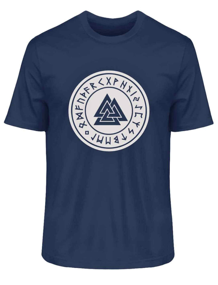 Elegantes Valknut T-Shirt in tiefem French Navy, für einen zeitlosen und schicken Look, auf weißem Hintergrund.