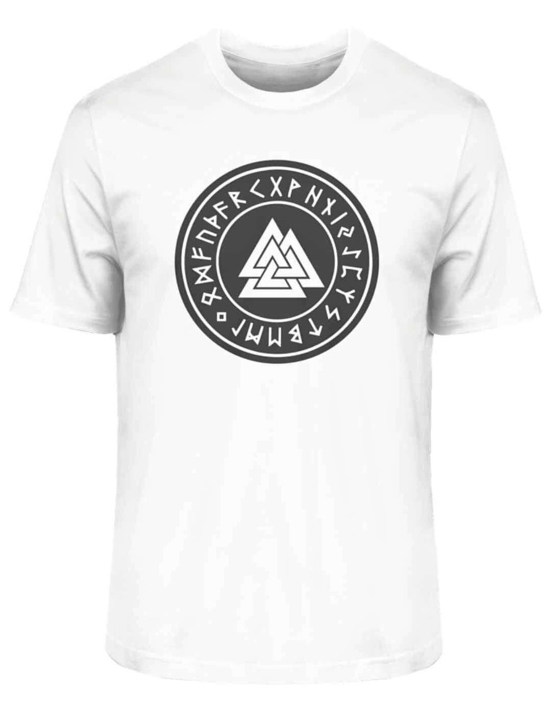 Klassisches Valknut T-Shirt in reinem Weiß, perfekt für einen klaren und frischen Stil, auf weißem Hintergrund.