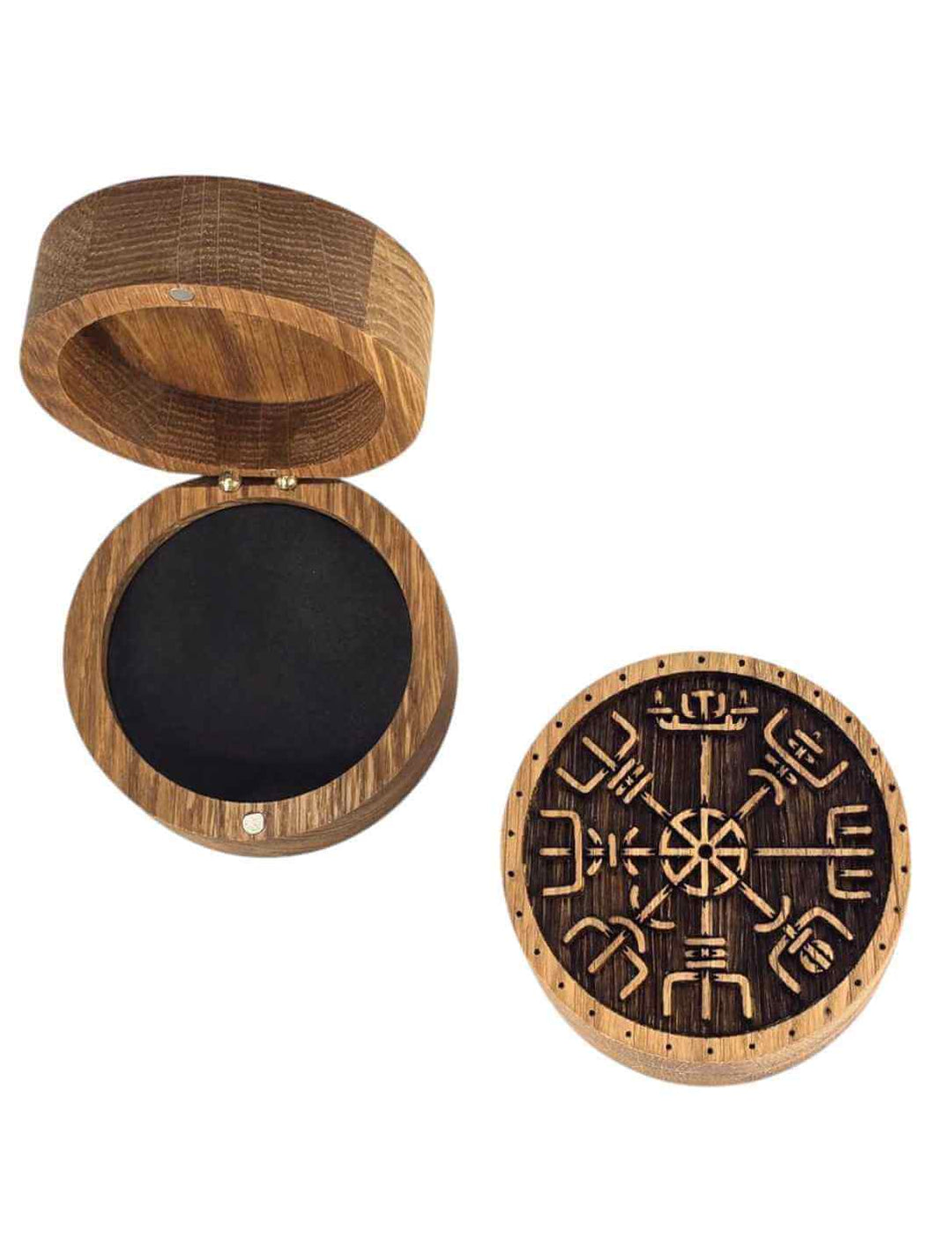Vegvisir Schmuckdose aus geöltem Eichenholz mit schwarzem Schaumstoff-Inlay und Magnetverschluss, geöffnet von oben fotografiert.