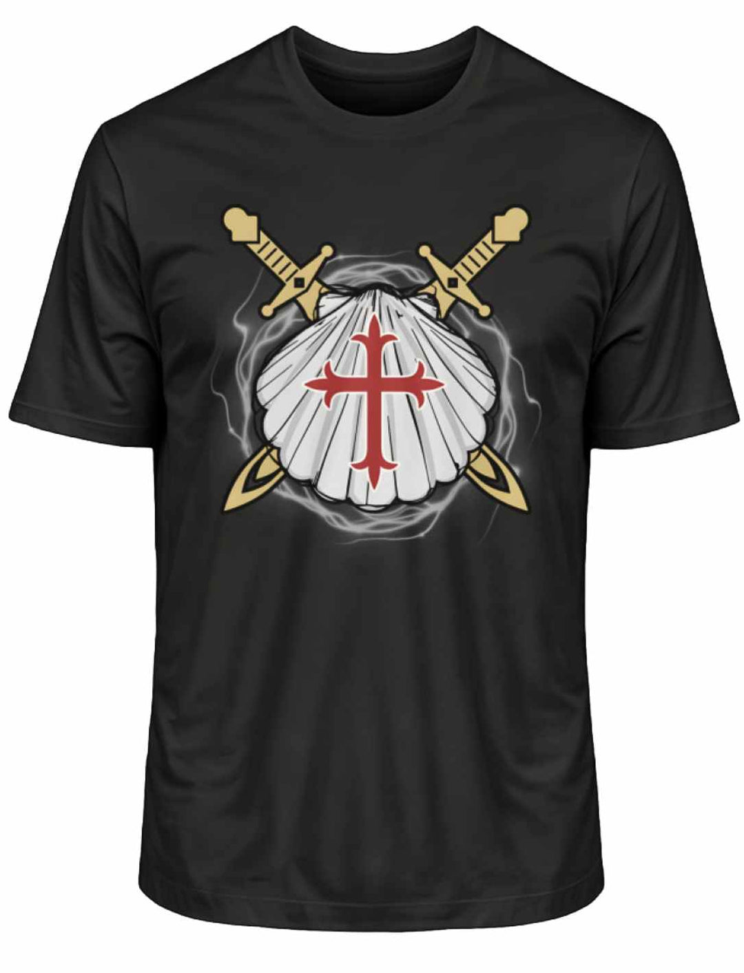 Schwarzes 'Wächter des Sternenwegs' T-Shirt auf weißem Hintergrund, mit historischen Symbolen.