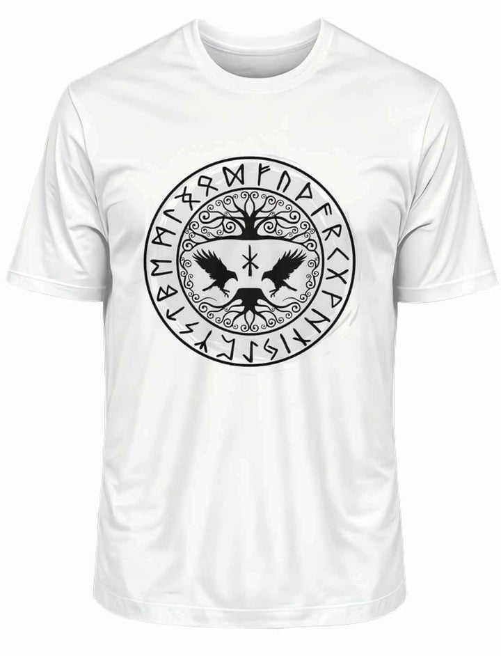eißes "Wächter von Yggdrasil" T-Shirt – Nordische Mythologie mit Hugin und Munin