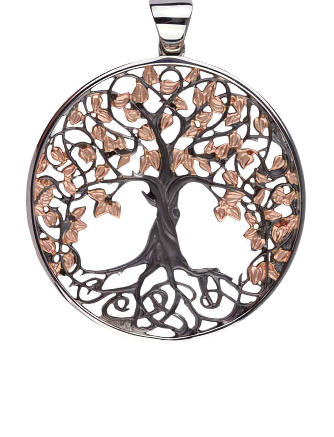Detailreiches Weltenbaum des Lebens Medaillon in 925er Silber, rotgold beschichtet und schwarz platiniert auf weißem Hintergrund - Runental.de