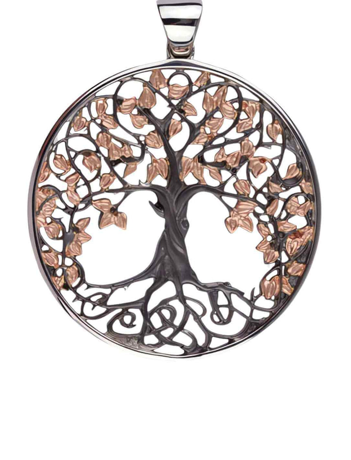 Detailreiches Weltenbaum des Lebens Medaillon in 925er Silber, rotgold beschichtet und schwarz platiniert auf weißem Hintergrund - Runental.de