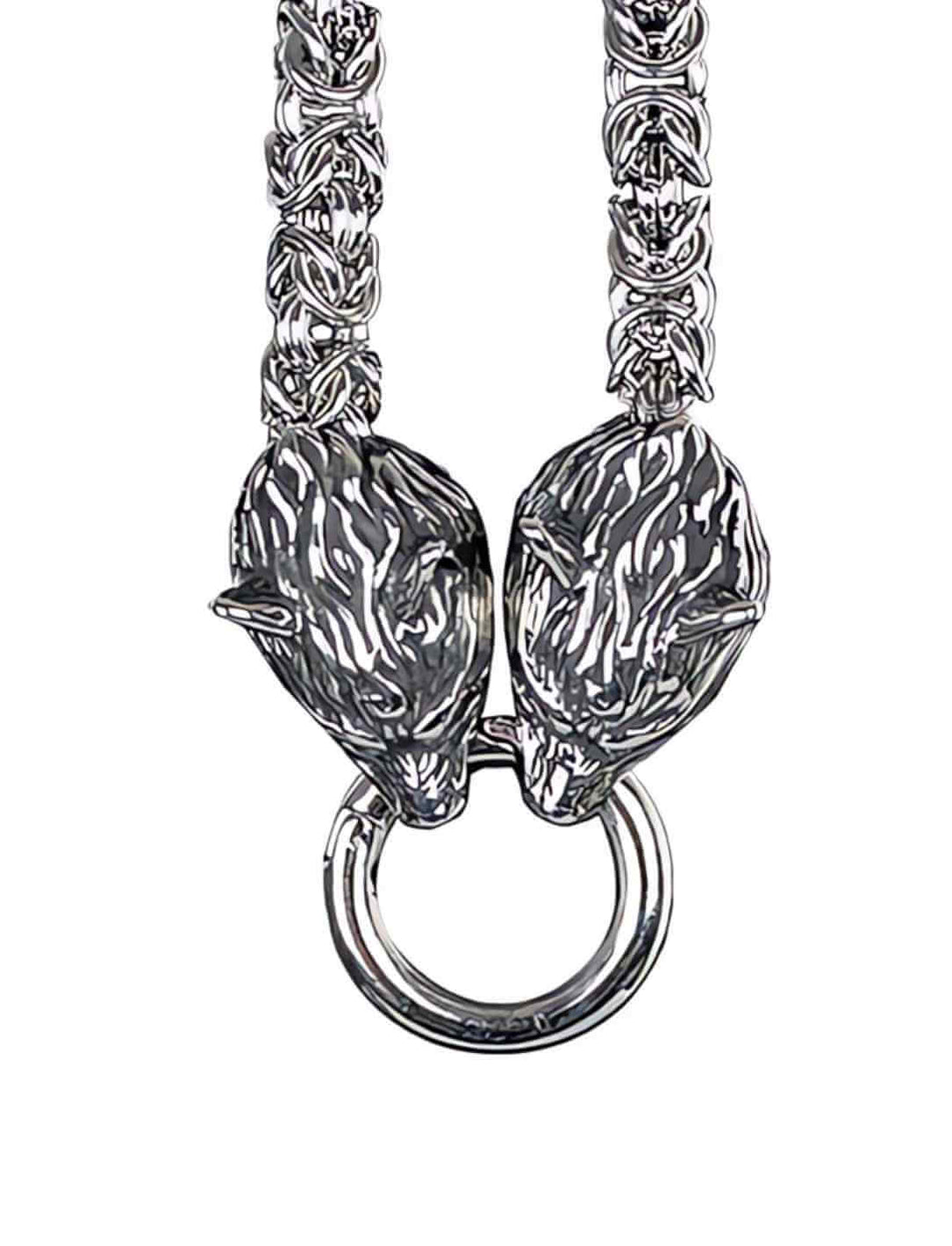 Wodans Gefährten Edelstahlkette mit detailreichen Wolfsköpfen auf klarem Hintergrund.