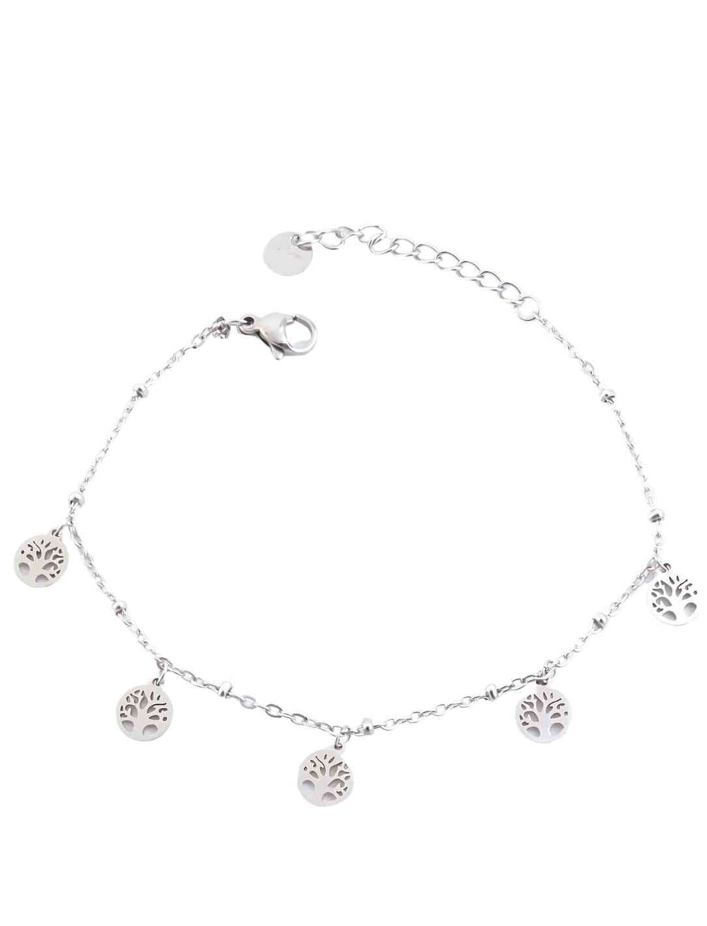 Edelstahlarmband mit fünf filigranen Lebensbaum-Anhängern in Silberoptik – fein gearbeitet und mit verstellbarem Verschluss, stilvoll arrangiert auf weißem Hintergrund.
