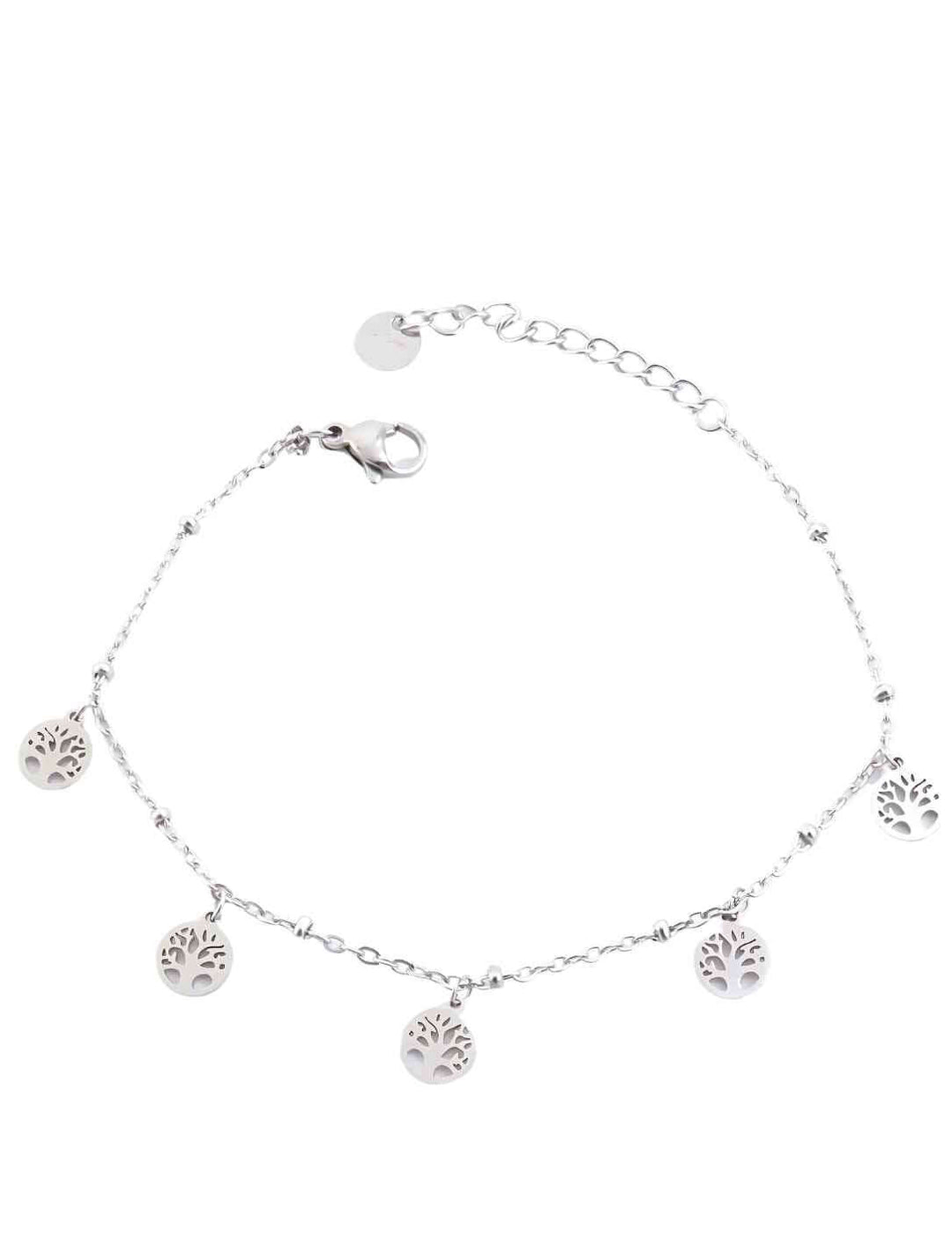 Edelstahlarmband mit fünf filigranen Lebensbaum-Anhängern in Silberoptik – fein gearbeitet und mit verstellbarem Verschluss, stilvoll arrangiert auf weißem Hintergrund.
