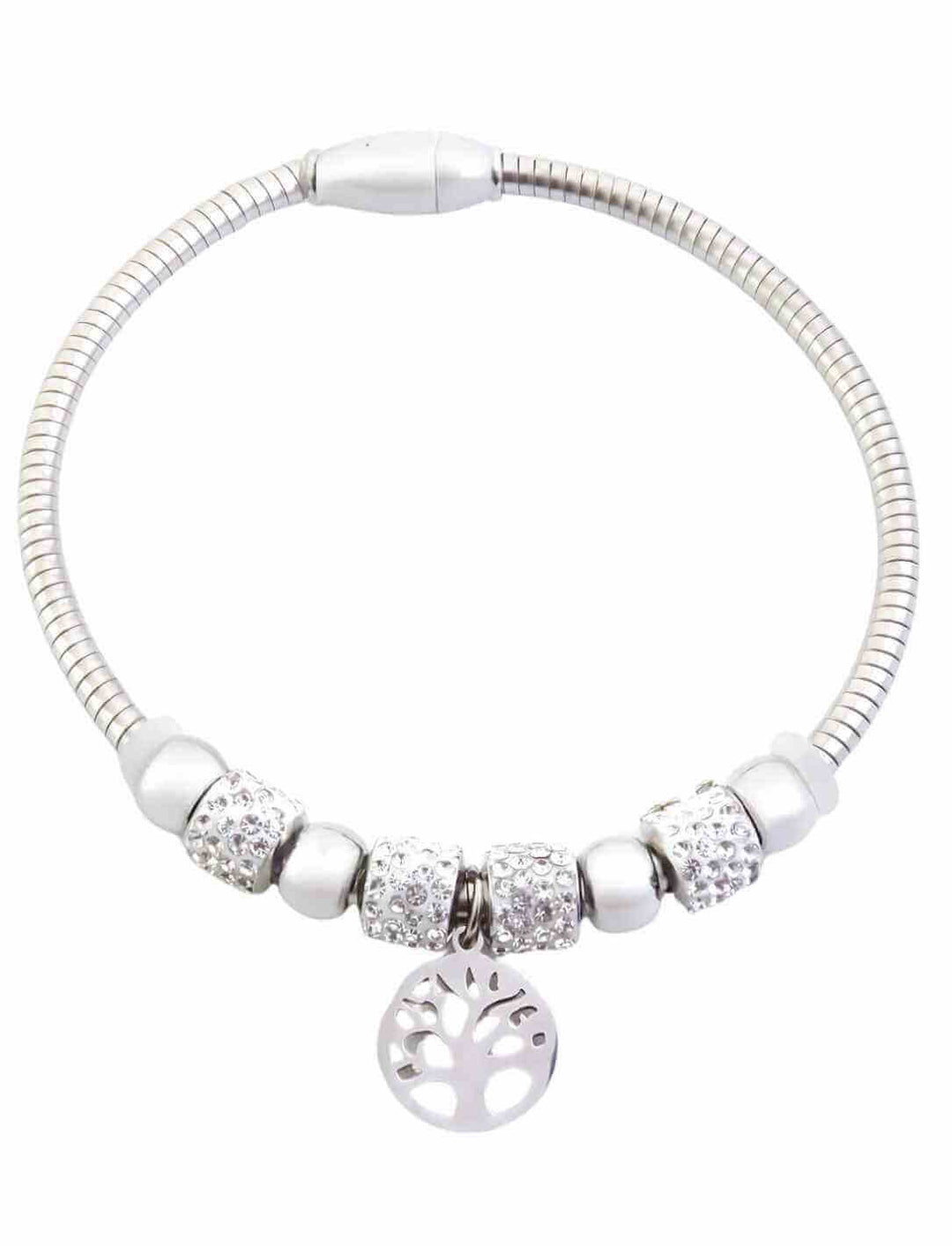 Lebensbaum-Armband „Yggdrasils Glanz“ mit Kristallperlen, Edelstahlfassung und flexiblem Band – auf weißem Hintergrund