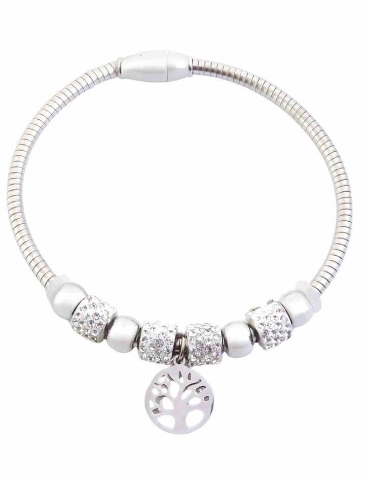Lebensbaum-Armband „Yggdrasils Glanz“ mit Kristallperlen, Edelstahlfassung und flexiblem Band – auf weißem Hintergrund