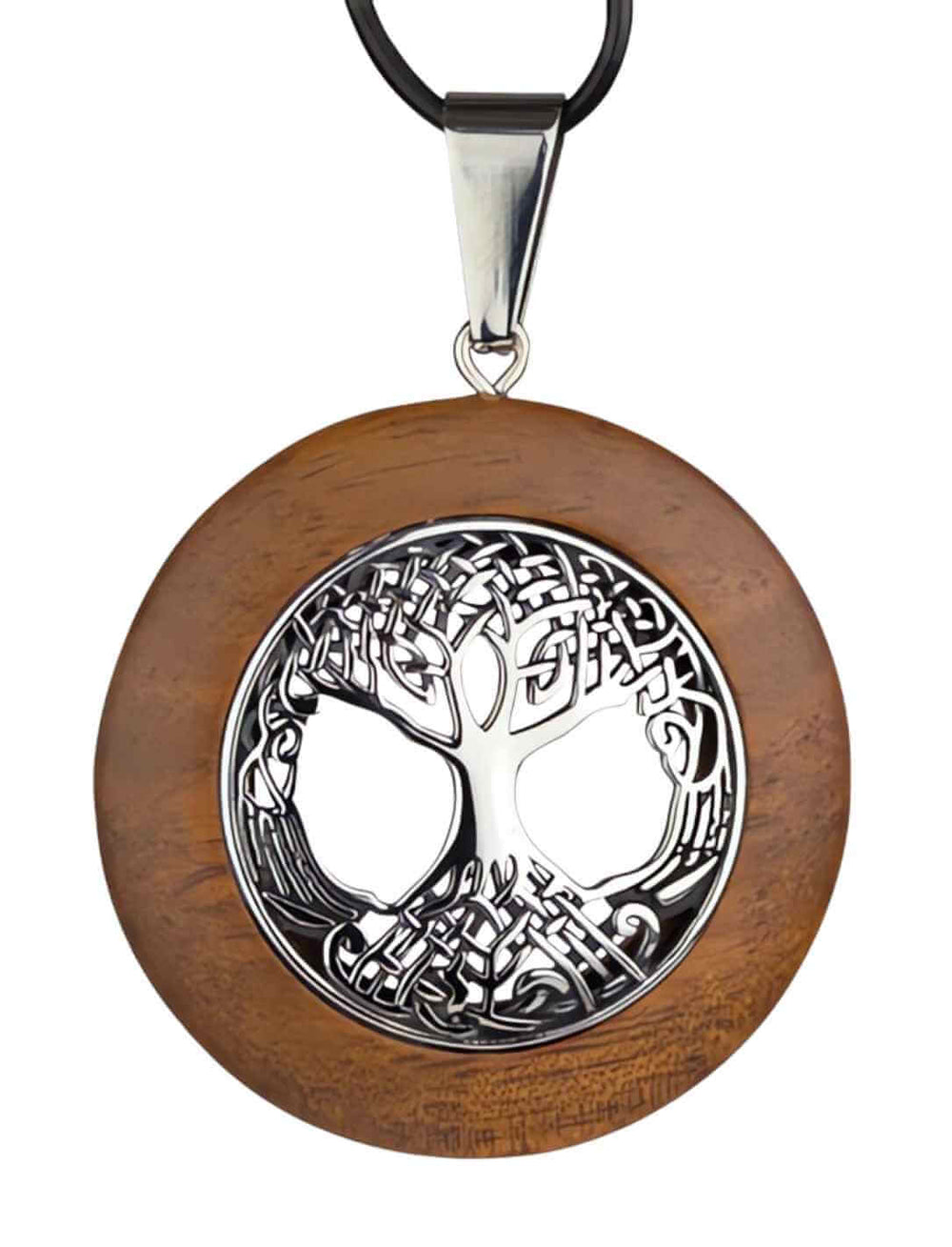 Yggdrasils Segen Anhänger aus Walnussholz und Edelstahl auf weißem Hintergrund – Runental.de.