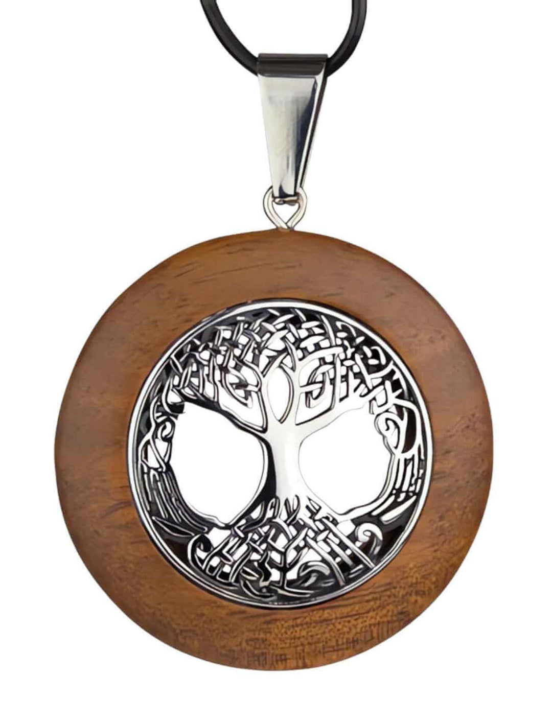 Yggdrasils Segen Anhänger aus Walnussholz und Edelstahl auf weißem Hintergrund – Runental.de.