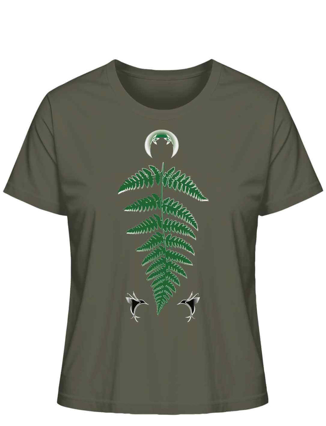 Damen-T-Shirt 'Zauberhafte Naturwelt' in Khaki mit grünem Farnblatt-Motiv und zwei kleinen weißen Libellen, gekrönt von einem weißen Halbmond.