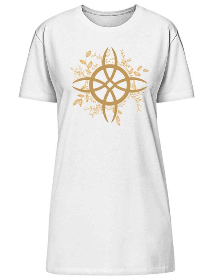 Weisses “Zirkel der grünen Magie” T-Shirt Kleid auf weissem Hintergrund