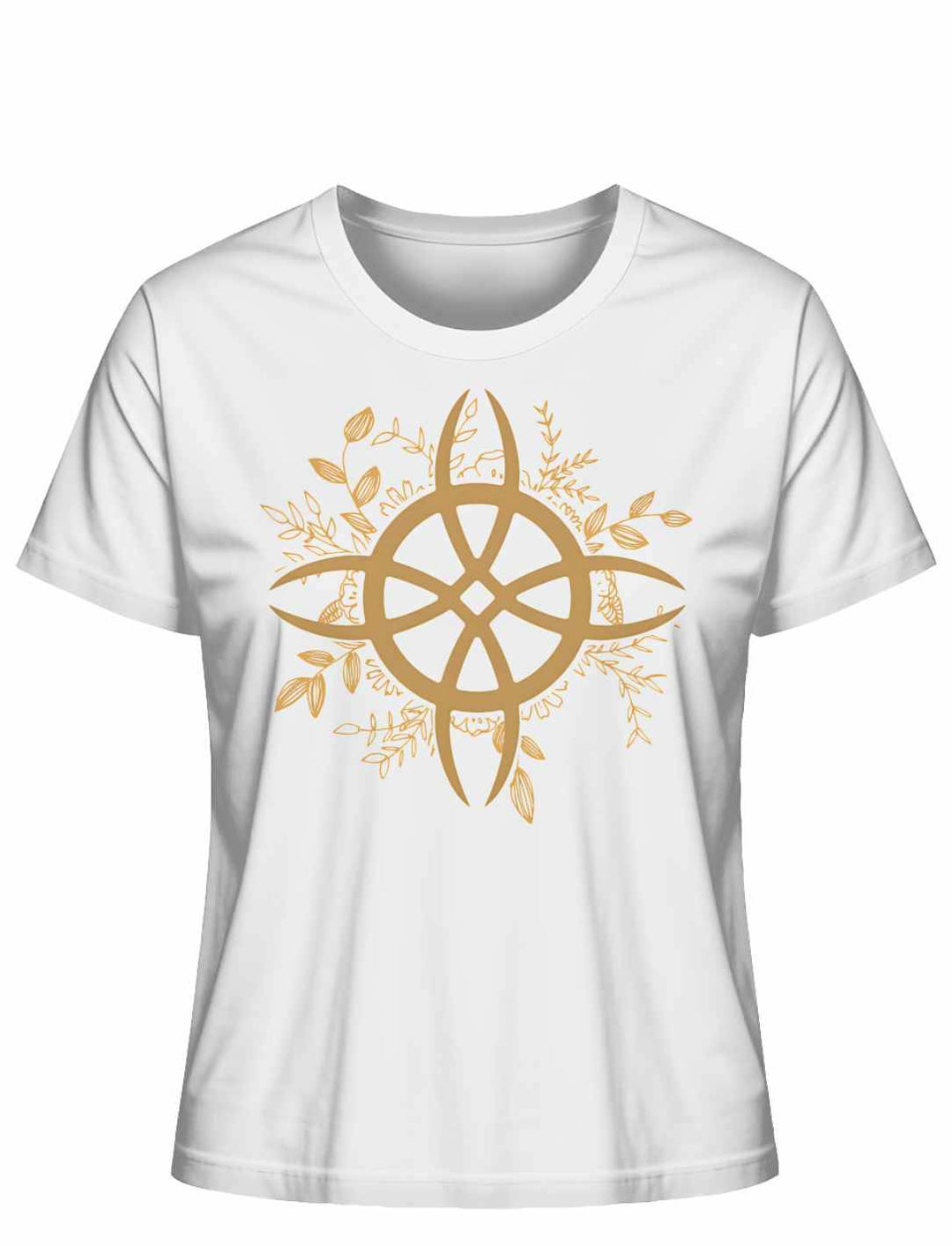 Weißes T-Shirt mit dem emblematischen Zirkel der grünen Magie für die Naturzauberin strahlt Reinheit und naturverbundene Magie für die gute und moderne Hexe aus.