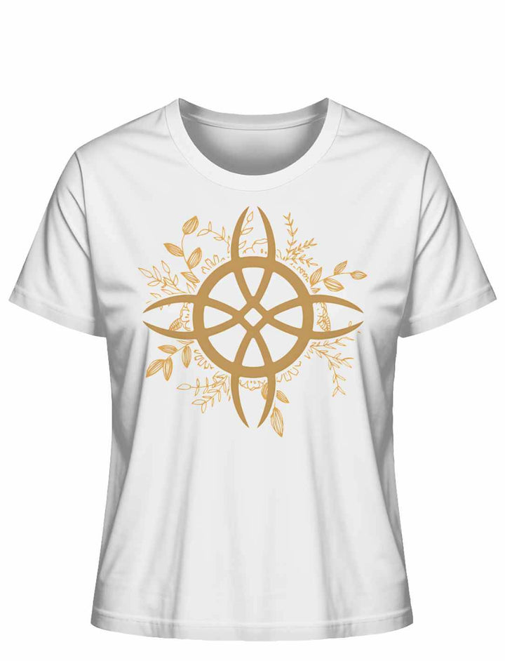 Weißes T-Shirt mit dem emblematischen Zirkel der grünen Magie für die Naturzauberin strahlt Reinheit und naturverbundene Magie für die gute und moderne Hexe aus.