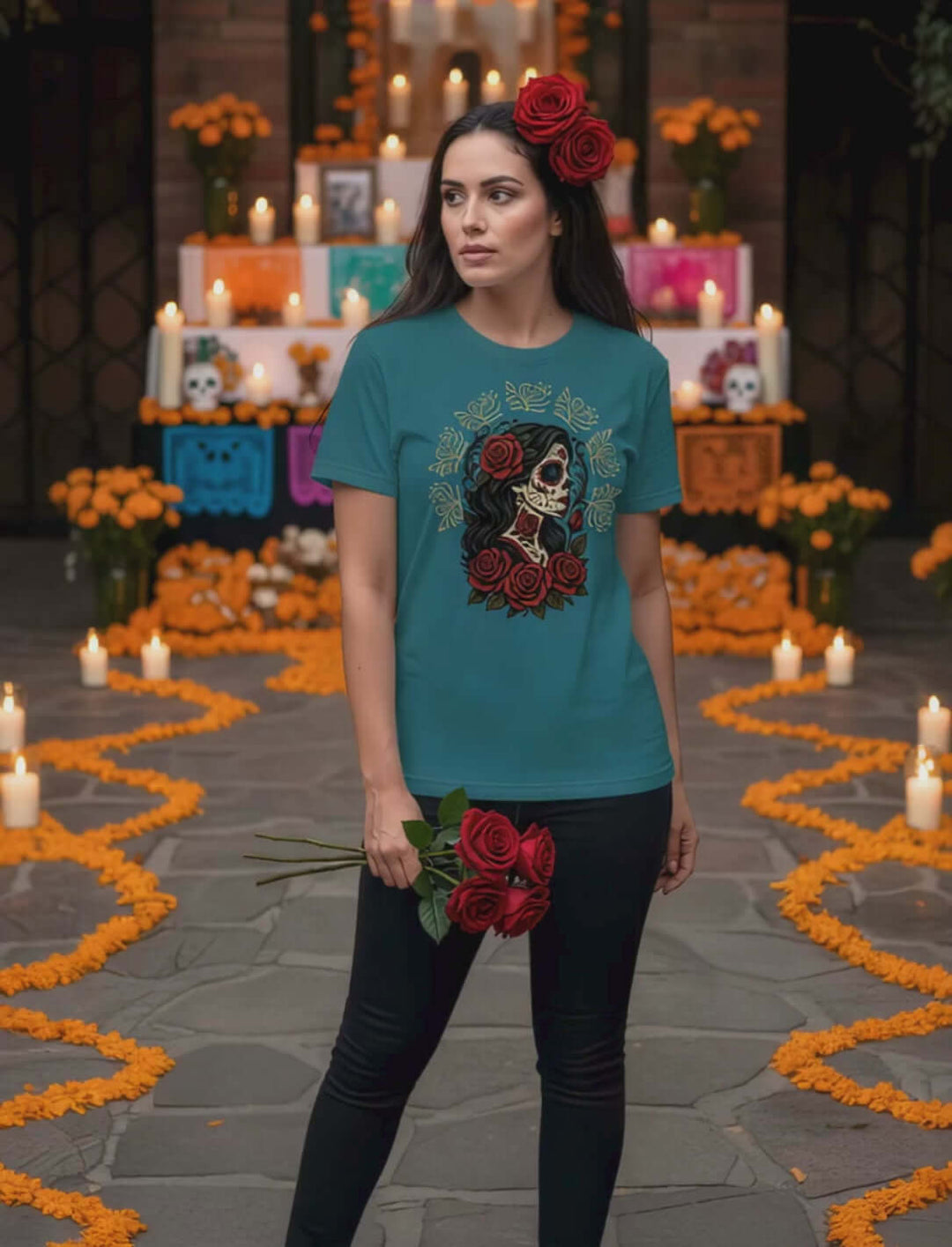Frau trägt das Unisex Organic Shirt „Catrina de las Rosas“ in der Farbe Stargazer – mexikanische Ikone La Catrina mit Rosen, inspiriert vom Día de los Muertos