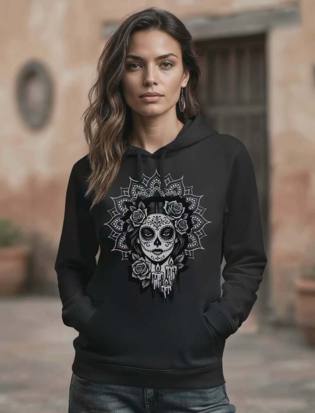 Frau trägt schwarzen Organic Hoodie „Catrina de las Sombras“ mit Seitentaschen – inspiriert von Mexico, Día de los Muertos und La Catrina
