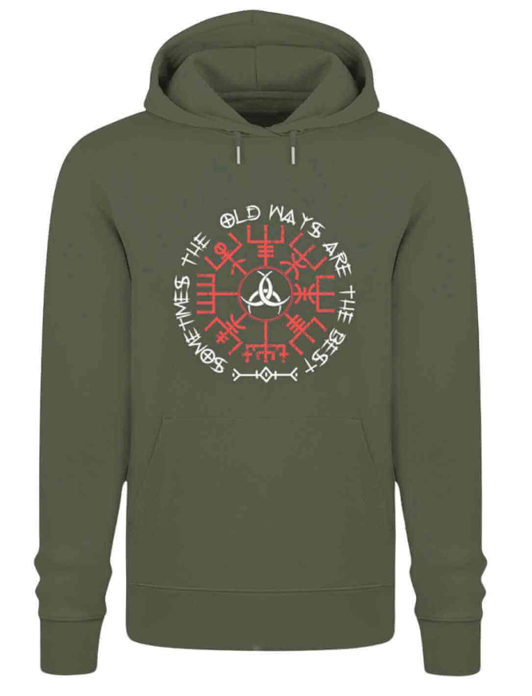 Der markante Sometimes the Old Ways Hoodie in Khaki auf weißem Hintergrund dargestellt