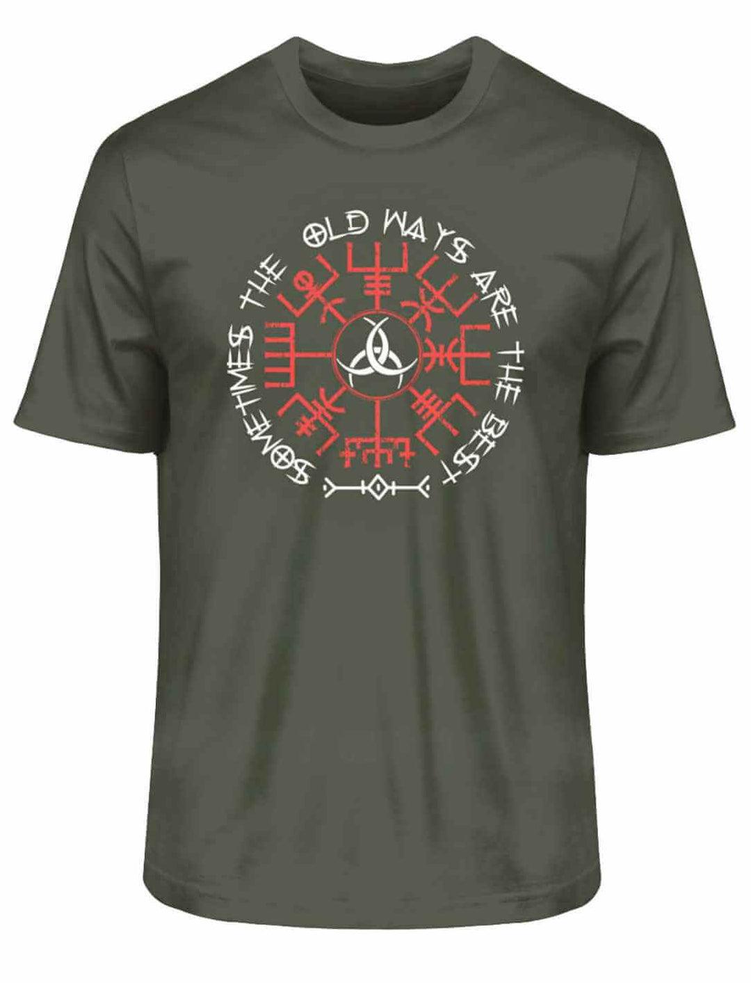 Khaki "Sometimes the Old Ways"-T-Shirt mit faszinierenden Symbolen Vegvisir und Triquetra, die alte Weisheit und Schutz vereinen, auf weißem Hintergrund.