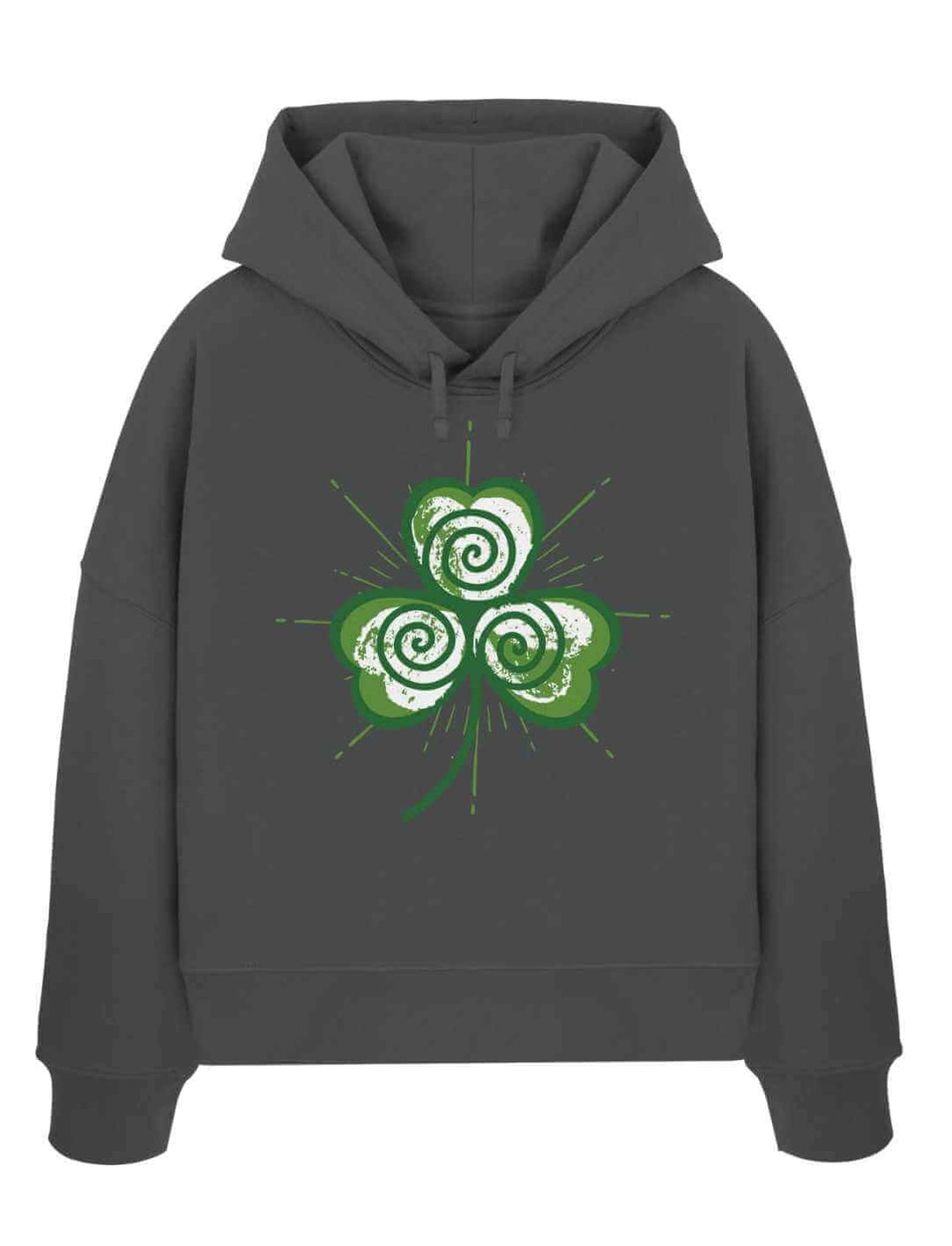 Organic Boxcut-Hoodie mit mystischem Trifolia-Design für Damen in Anthrazit.