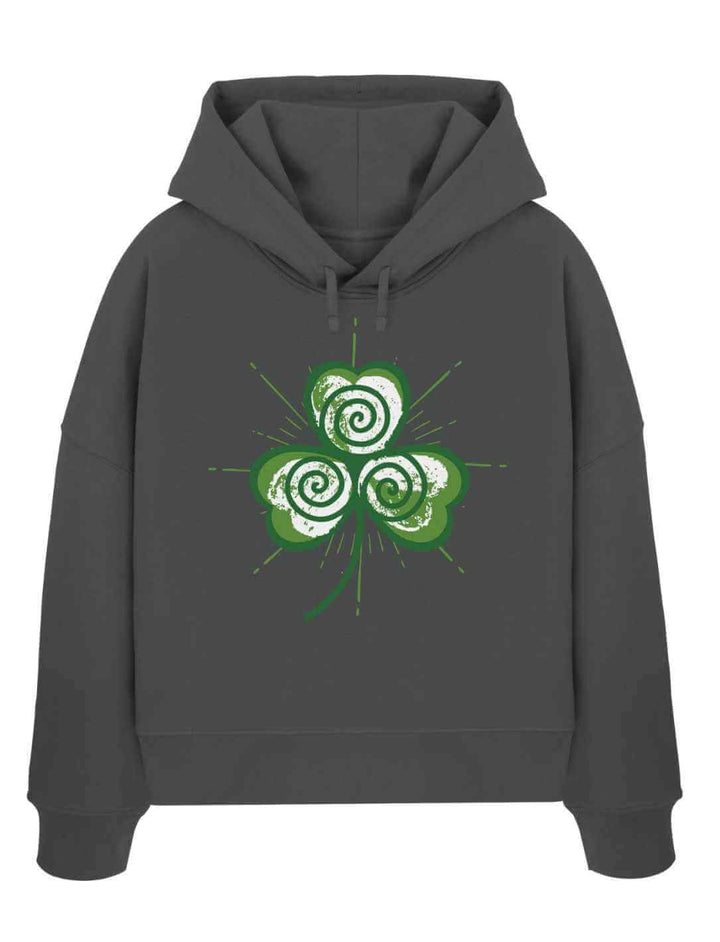 Organic Boxcut-Hoodie mit mystischem Trifolia-Design für Damen in Anthrazit.