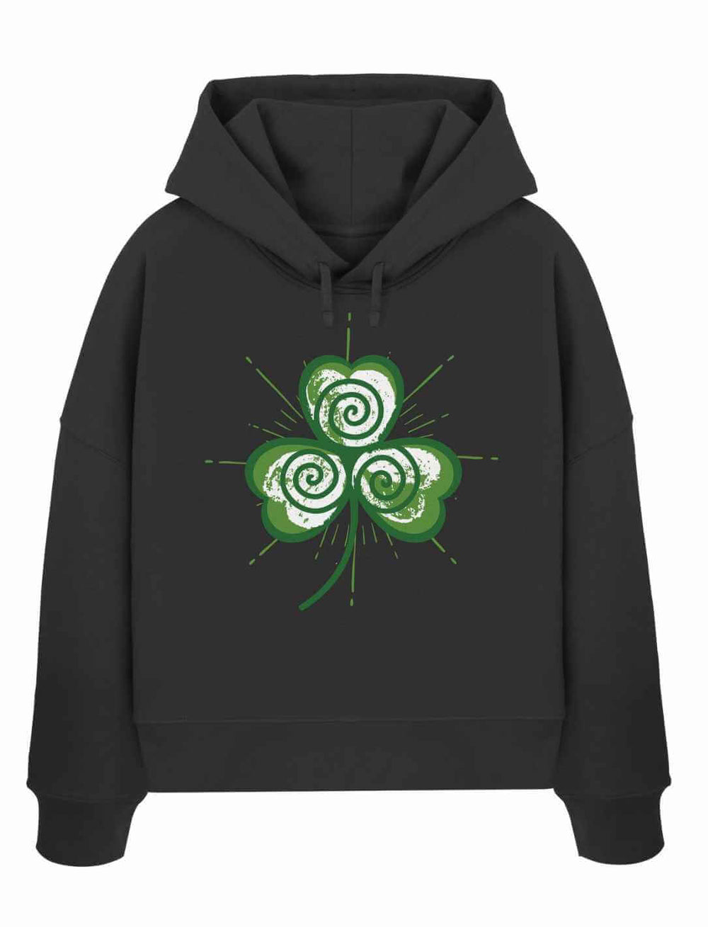 Schwarzer Damen Organic Hoodie mit Trifolia Mystica Print, dreiblättrige Triskele