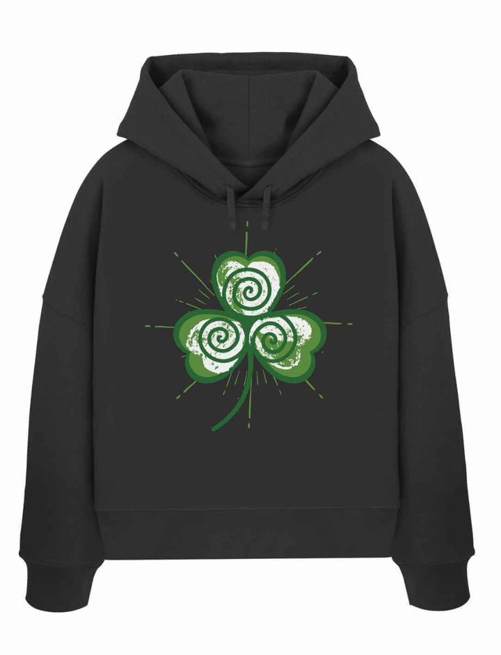 Schwarzer Damen Organic Hoodie mit Trifolia Mystica Print, dreiblättrige Triskele