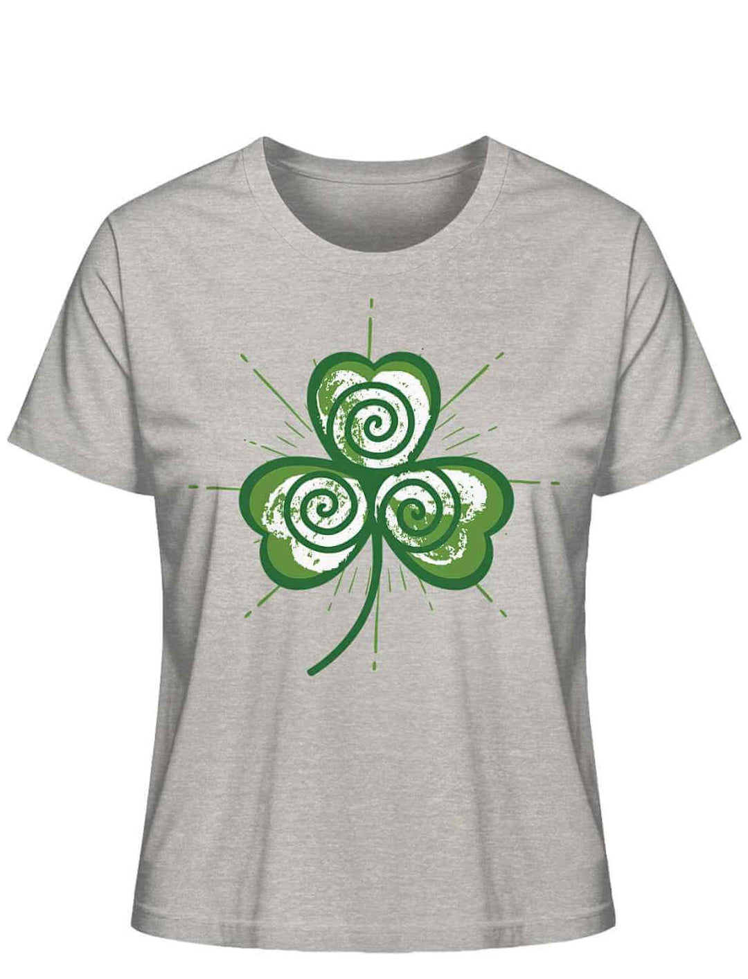 Trifolia Mystica Damen T-Shirt in Heather Grey mit grünem Triskele-Kleeblatt-Motiv auf der Vorderseite