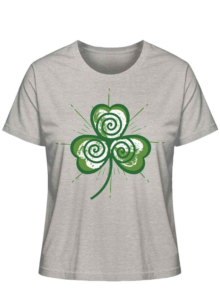 Trifolia Mystica Damen T-Shirt in Heather Grey mit grünem Triskele-Kleeblatt-Motiv auf der Vorderseite