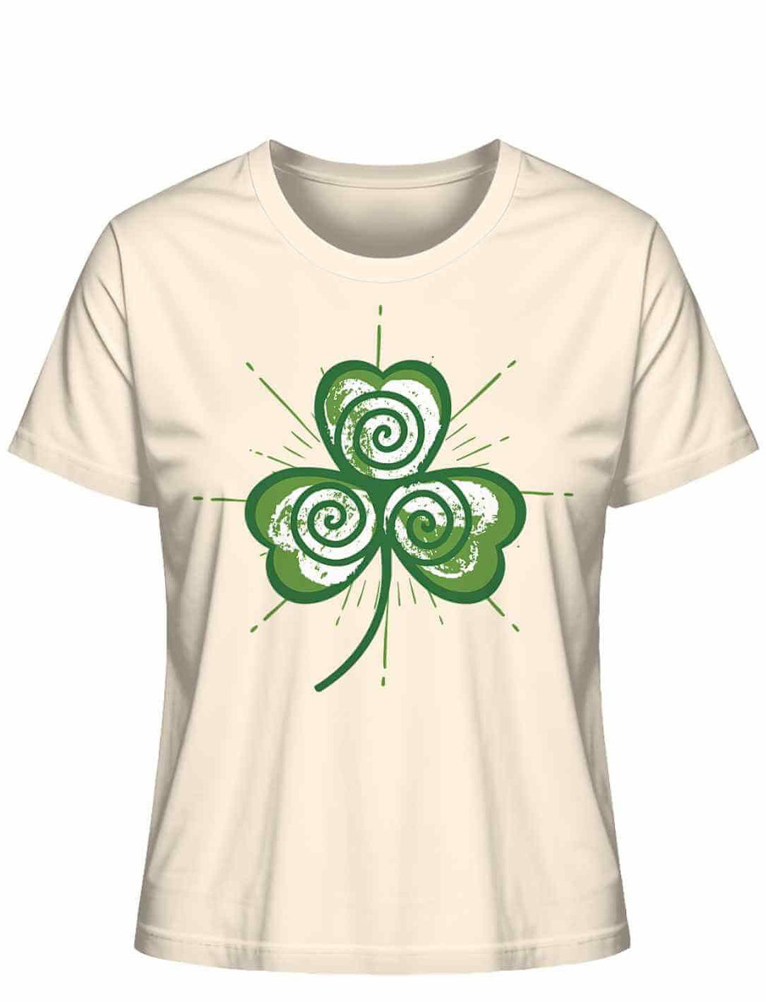 Trifolia Mystica Damen T-Shirt in Naturfraben mit stilisiertem grünem Dreiblatt-Design und Triskele-Elementen