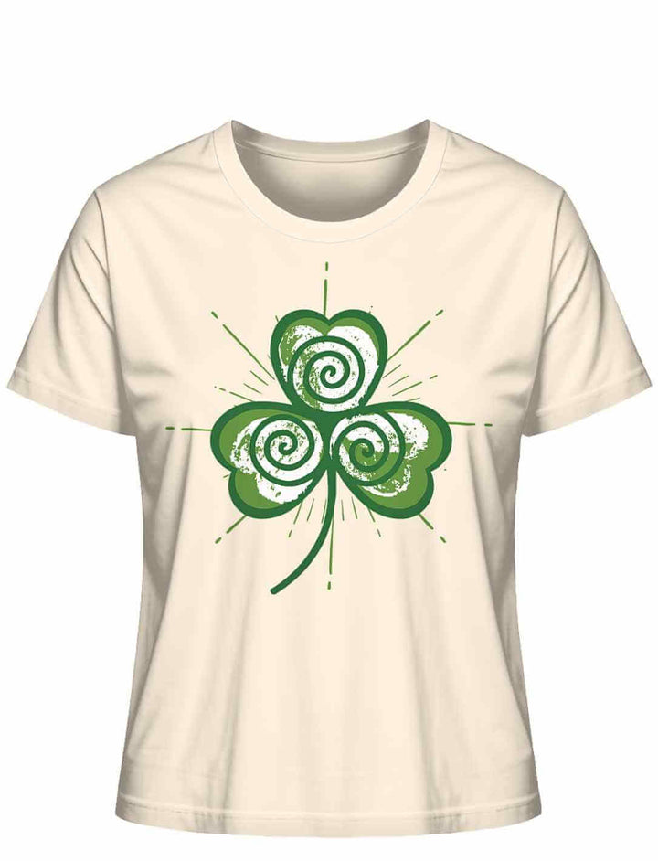 Trifolia Mystica Damen T-Shirt in Naturfraben mit stilisiertem grünem Dreiblatt-Design und Triskele-Elementen