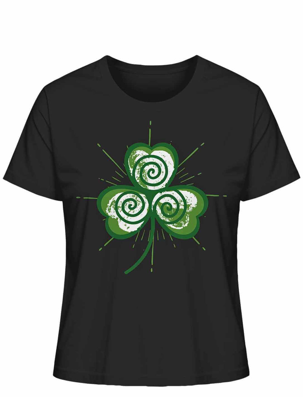 Schwarzes Trifolia Mystica Damen Organic Shirt mit dreifach gespiraltem Kleeblatt-Motiv aus der keltischen Symbolik