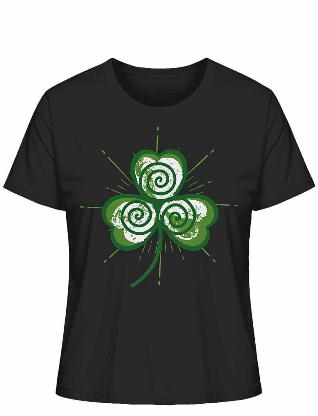 Schwarzes Trifolia Mystica Damen Organic Shirt mit dreifach gespiraltem Kleeblatt-Motiv aus der keltischen Symbolik