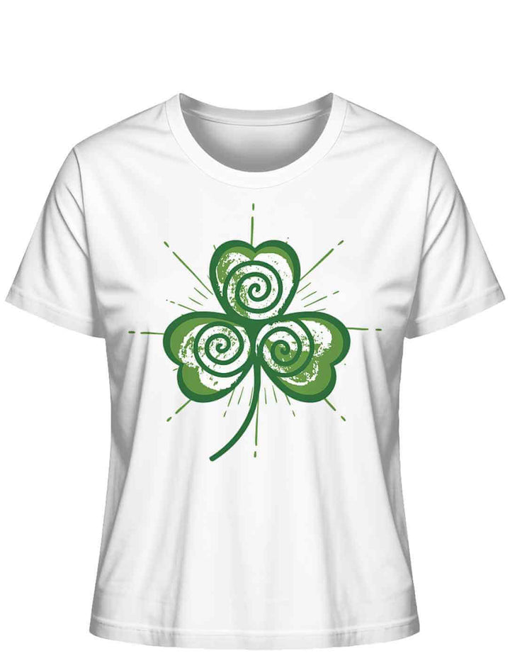 Weißes Damen Organic Shirt Trifolia Mystica mit grünem Triskele-Kleeblatt-Symbol auf der Brust.