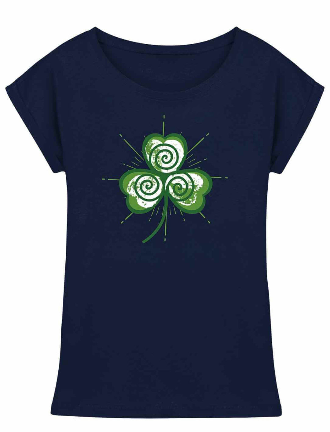 Trifolia Mystica Damen Extended Shoulder Shirt in Navy mit keltischem Kleeblatt-Motiv aus Spiralen – moderne Flatlay-Darstellung