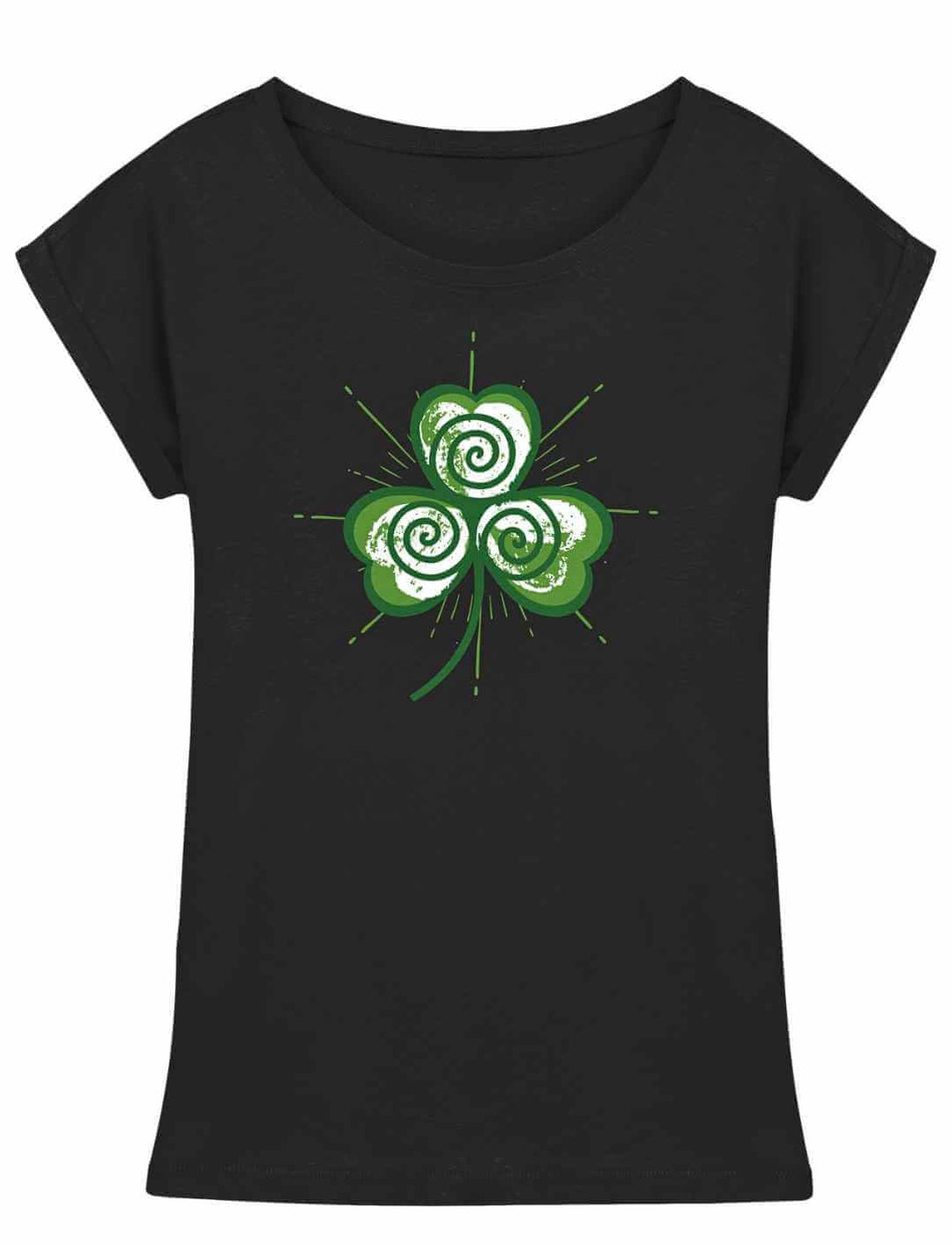 Trifolia Mystica Damen Extended Shoulder Shirt in Schwarz mit grün-weißem Triskele-Kleeblatt-Design – flach liegend dargestellt