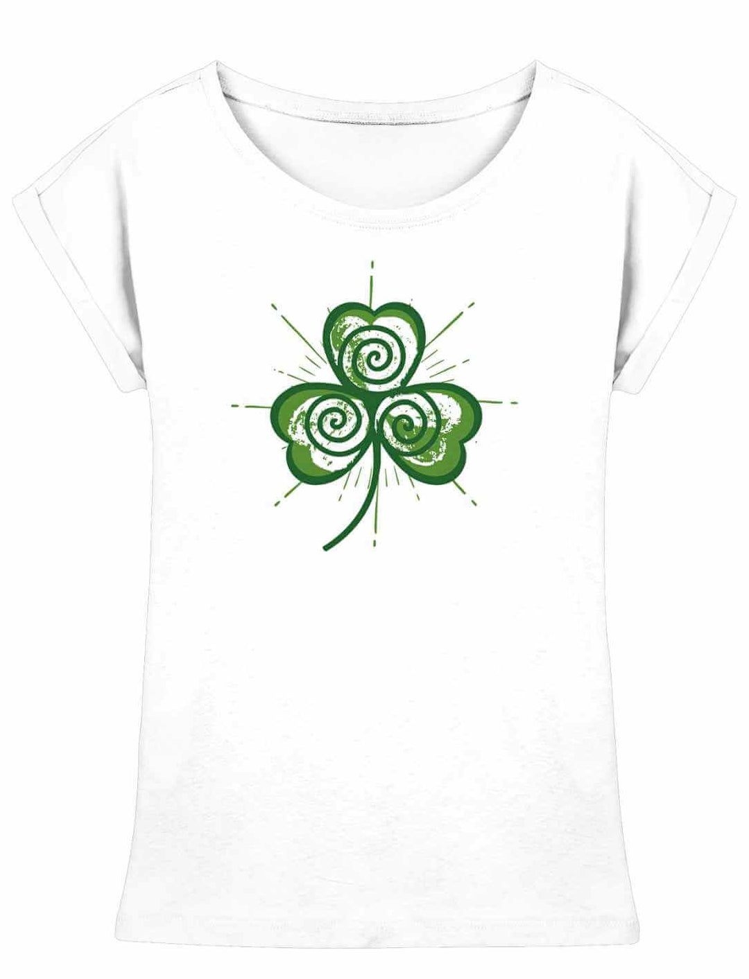 Trifolia Mystica Damen Extended Shoulder Shirt in Weiß mit mystischem Kleeblatt aus drei Triskele-Spiralen – Flatlay-Ansicht